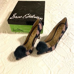 Sam Edelman pompom leather sheep print heels.